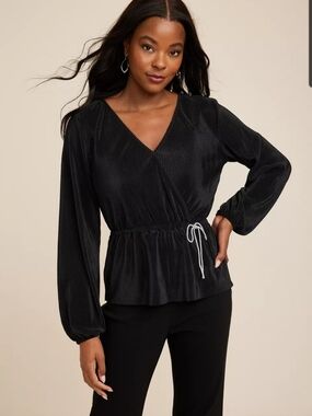 Maurices Black Plisse Faux Long Sleeve Peplum Top
